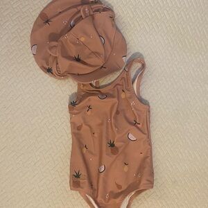 Kids Swimwear Set in Brown with Hat